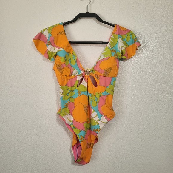 Trina Turk Playa De Flor Flutter Sleeve Maillot One Piece‎ Multicolor Swimsuit - Picture 5 of 13